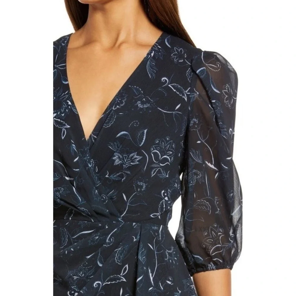 NEW $99 Halogen Womens Small Faux Wrap Floral Dress Chiffon In Bali Black‎